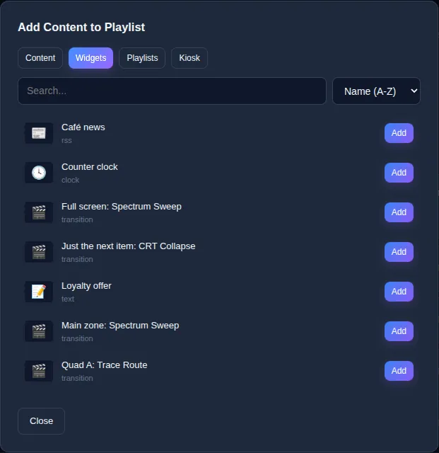 The Add Content to Playlist dialog on its Widgets tab, listing widgets such as Café news, Counter clock, Loyalty offer and several transitions, each with an Add button.