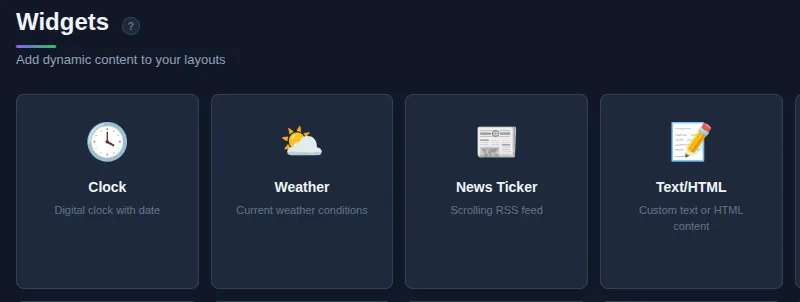 The first row of widget types in the New Widget panel: Clock, Weather, News Ticker and Text/HTML.